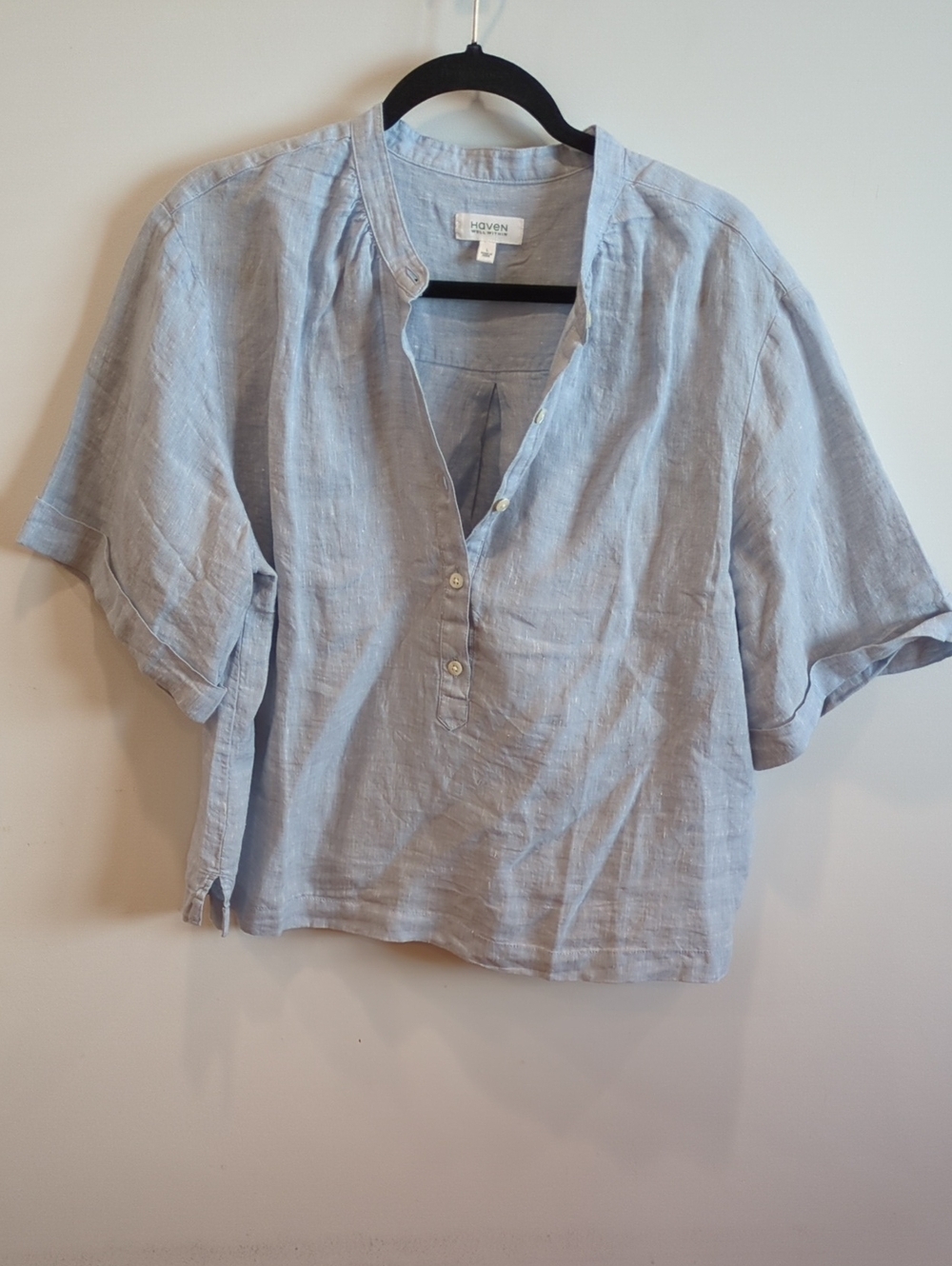 Coastal Beach Minimalist Boho Linen Haven Well Within Blue Short Sleeve Blouse L